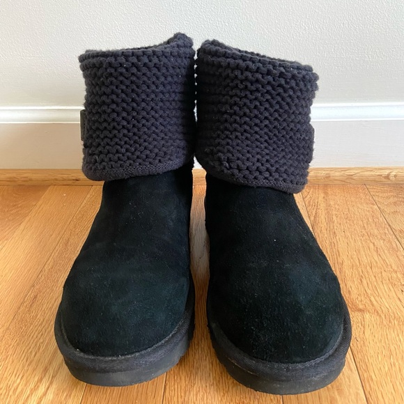 UGG Shaina Boots Women's 7 Black Suede Knit Cuff Lined Winter Snow Shearling EUC - Picture 4 of 13